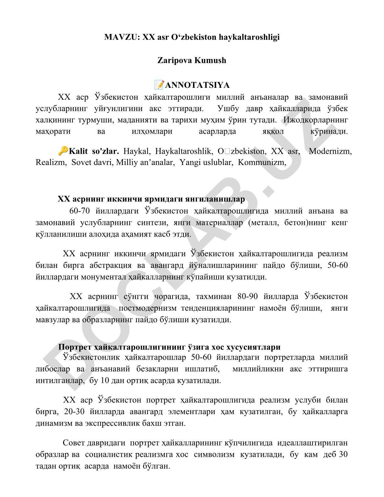 XX asr O‘zbekiston haykaltaroshligi