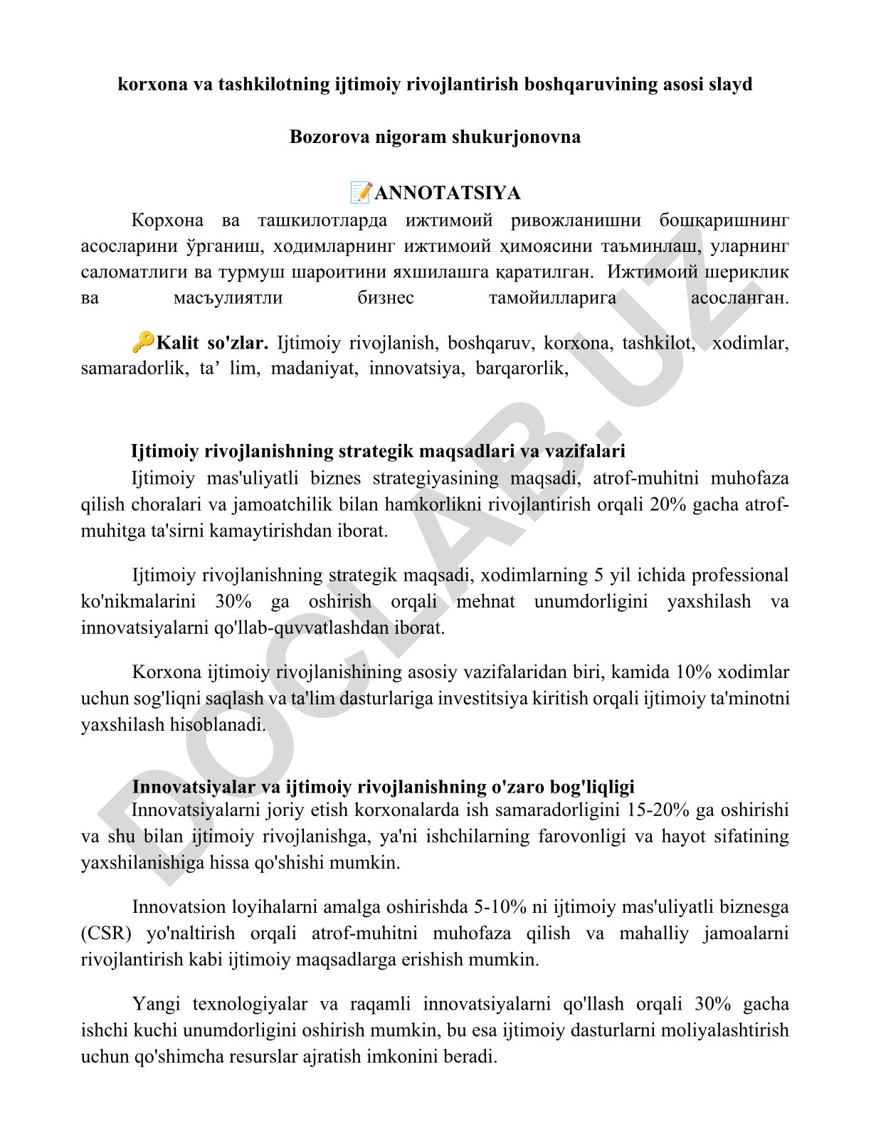 Korxona va tashkilotlarda ijtimoiy rivojlanish boshqaruvining asoslari