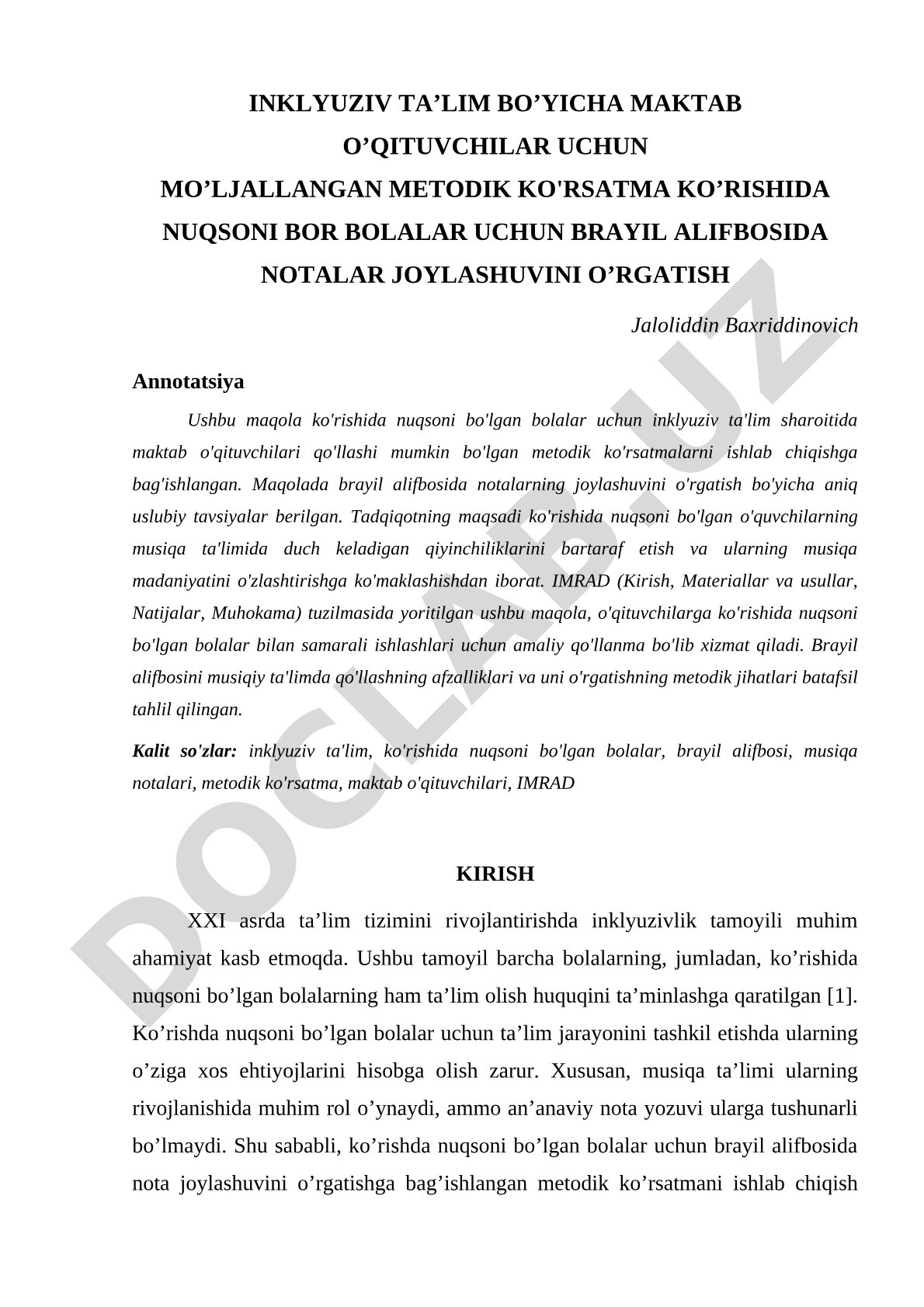 Ko'rishida nuqsoni bo'lgan bolalar uchun brayil alifbosida notalar joylashuvini o'rgatish metodik ko'rsatmasi
