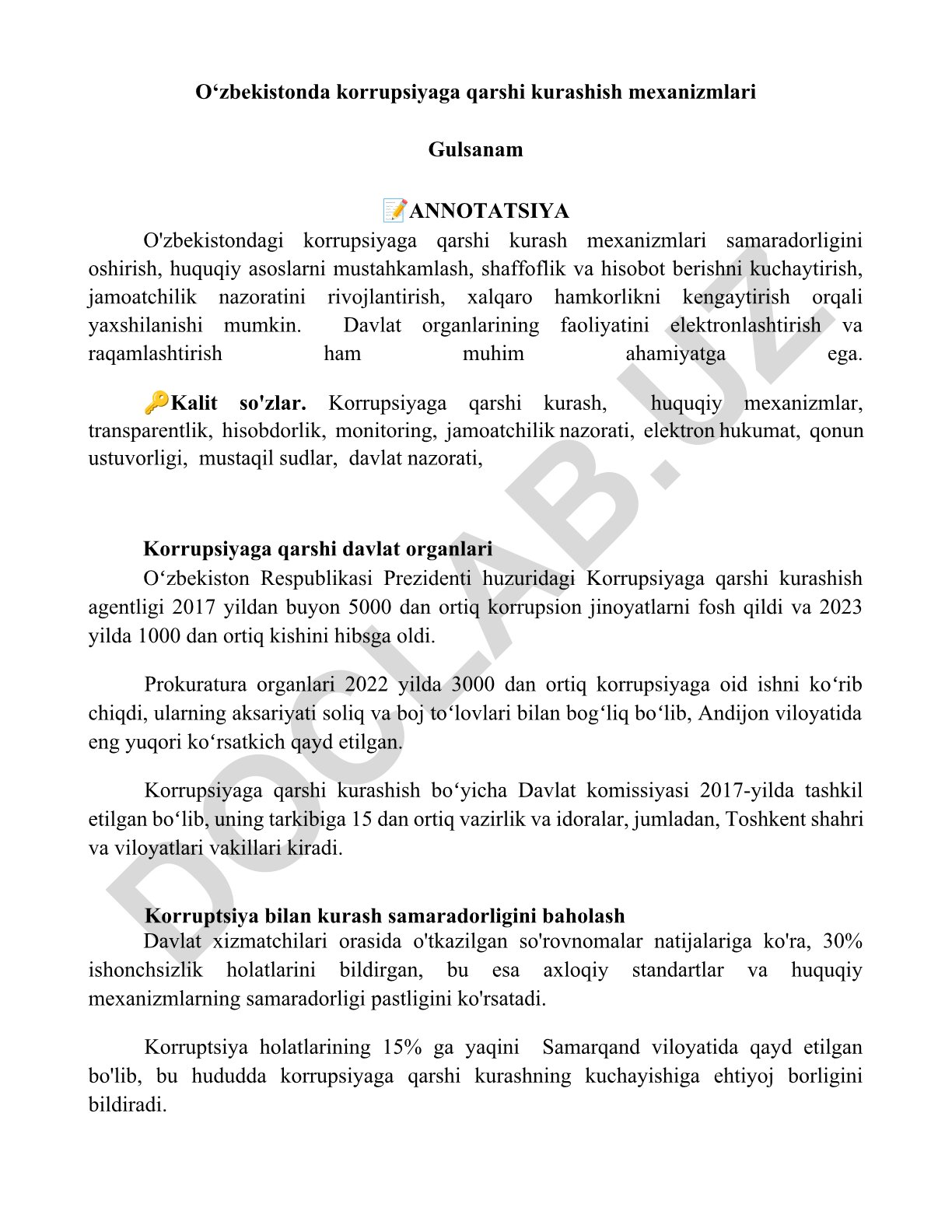 O‘zbekistonda korrupsiyaga qarshi kurashish mexanizmlari