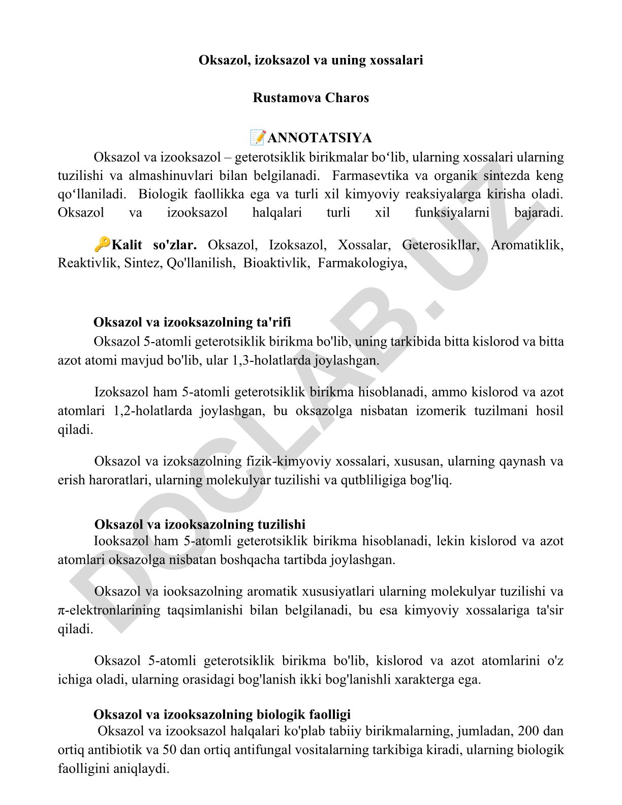 Oksazol va izoksazolning xossalari va tuzilishi