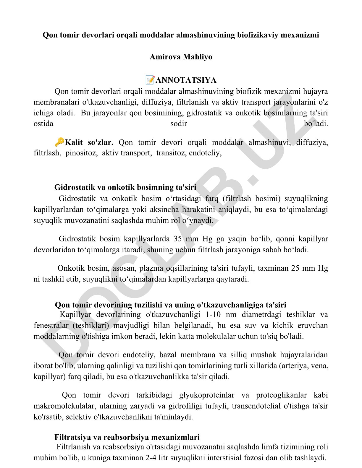 Qon tomir devorlari orqali moddalar almashinuvining biofizikaviy mexanizmi