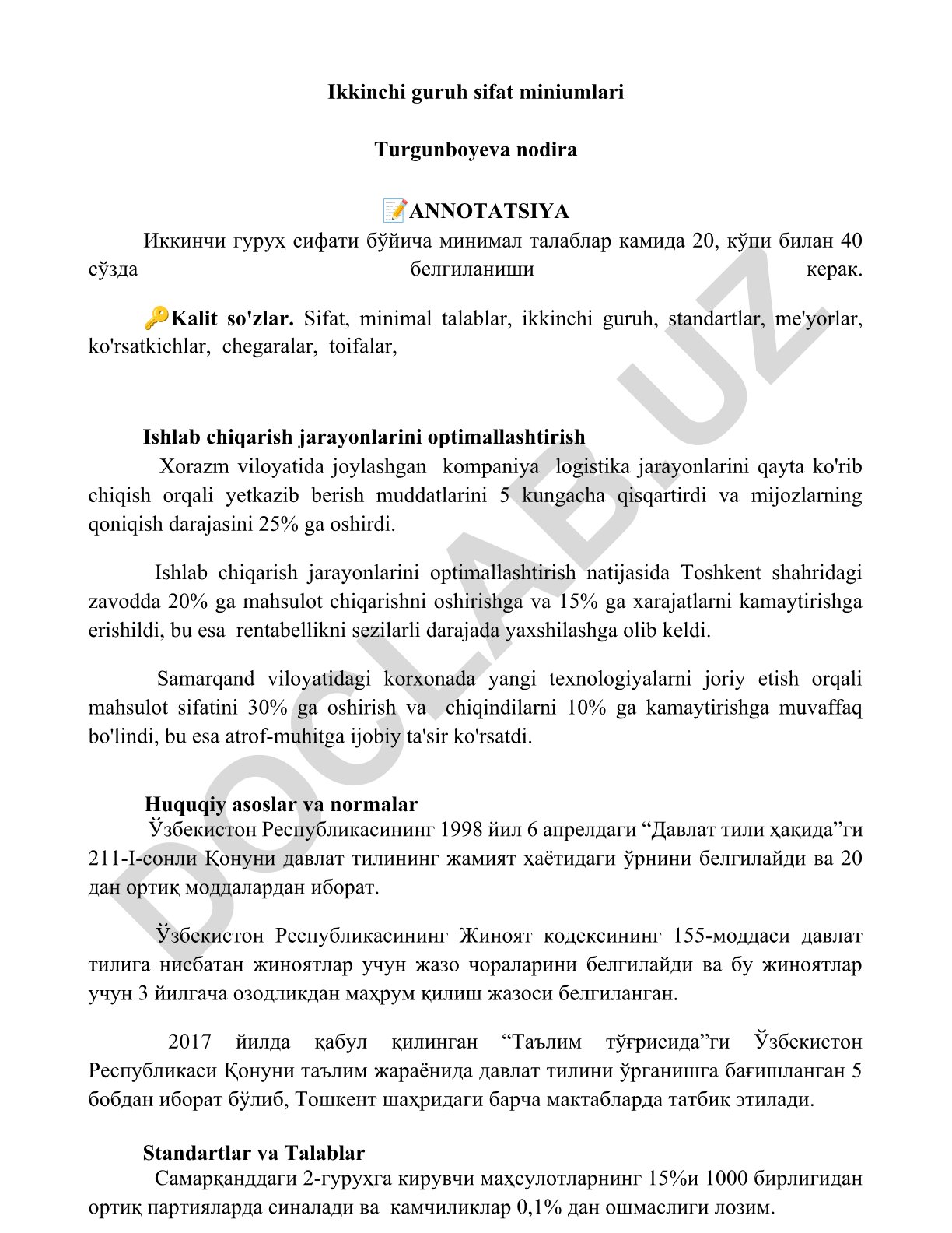 Ikkinchi guruh sifat minimal talablari va ishlab chiqarish jarayonlarini optimallashtirish