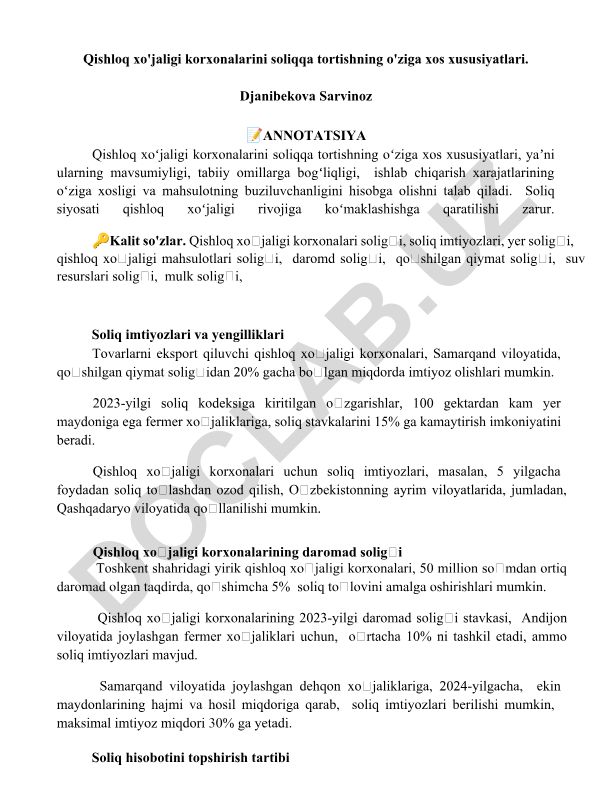 Qishloq xo'jaligi korxonalarini soliqqa tortishning o'ziga xos xususiyatlari