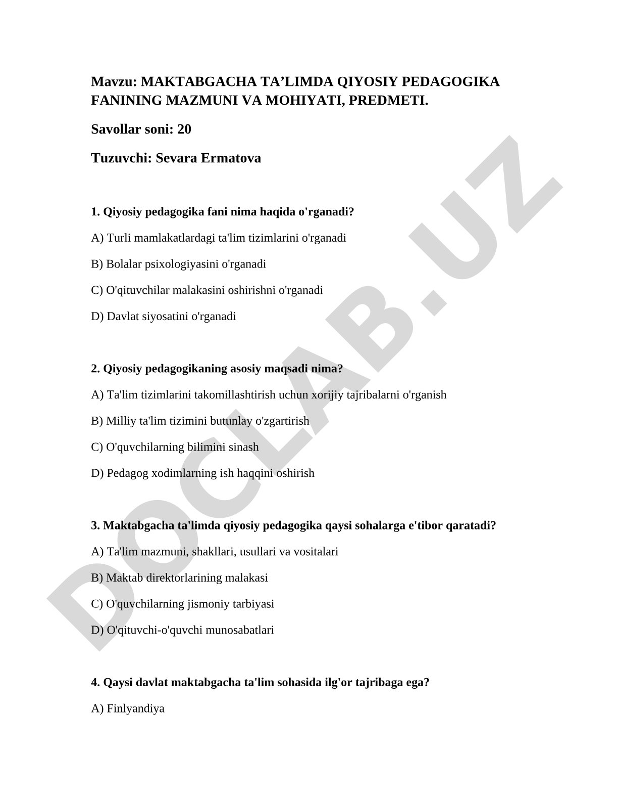Maktabgacha taʼlimda qiyosiy pedagogika fanining mazmuni va mohiyati, predmeti