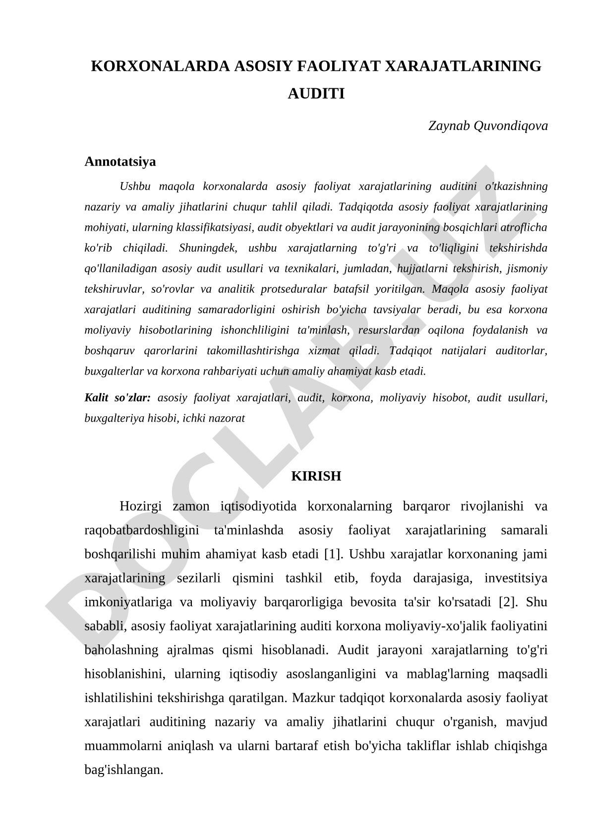 Korxonalarda asosiy faoliyat xarajatlarining auditi