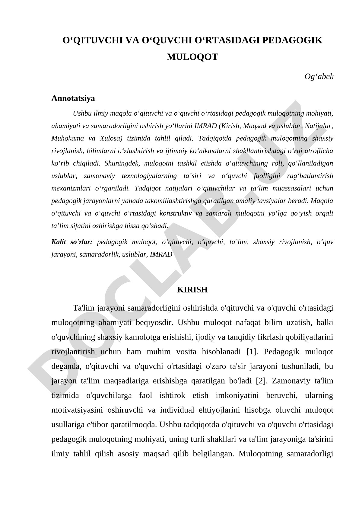 Oʻqituvchi va oʻquvchi oʻrtasidagi pedagogik muloqot