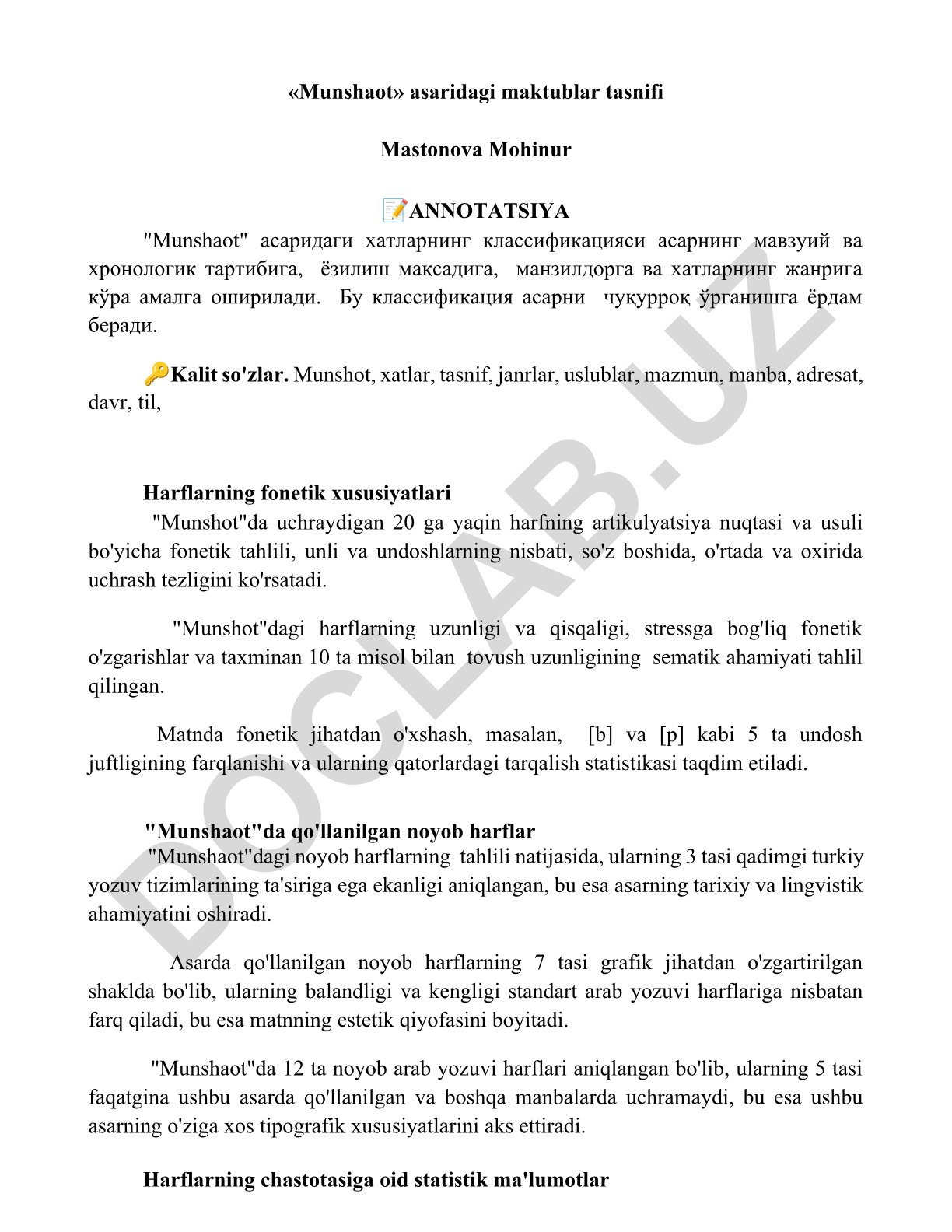 «Munshaot» asaridagi maktublar tasnifi va fonetik tahlili