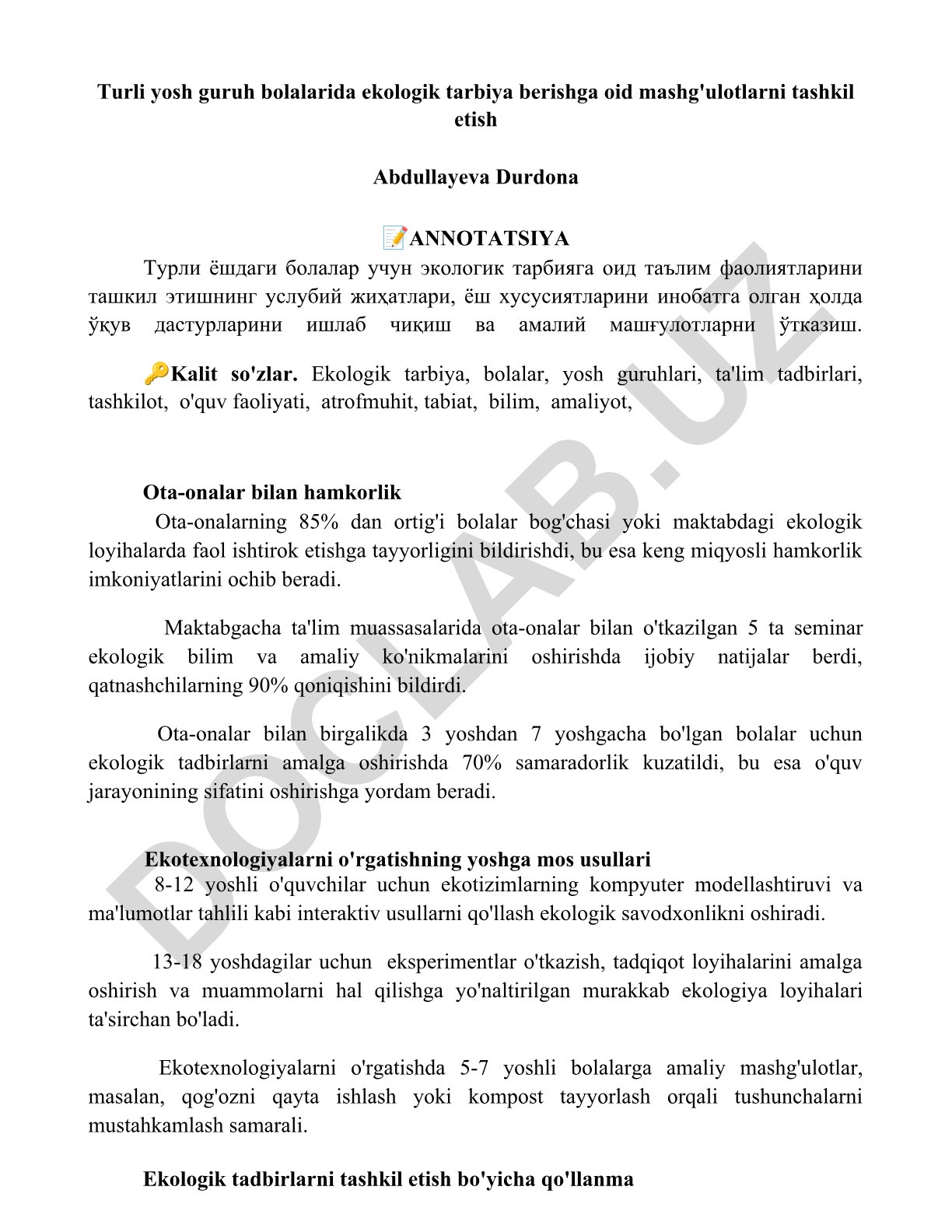 Turli yosh guruh bolalarida ekologik tarbiya berishga oid mashg'ulotlarni tashkil etish