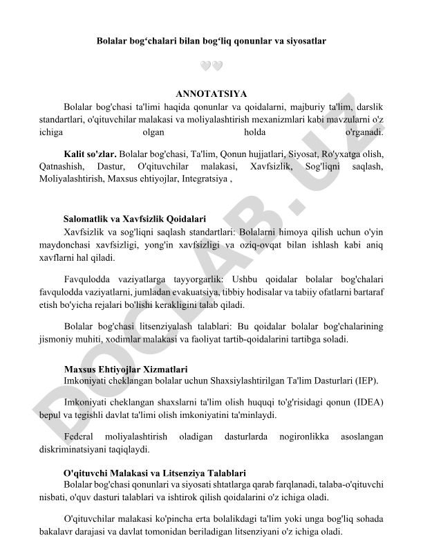 Bolalar bogʻchalari bilan bogʻliq qonunlar va siyosatlar