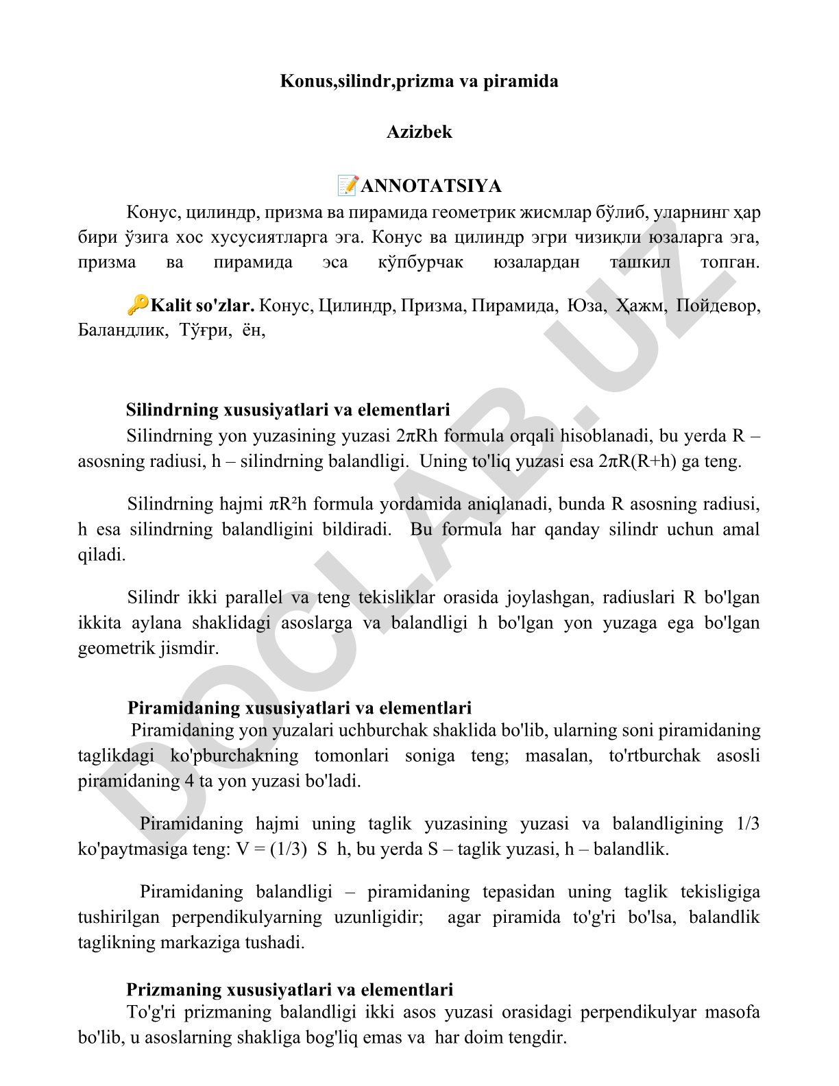Konus, silindr, prizma va piramida xususiyatlari