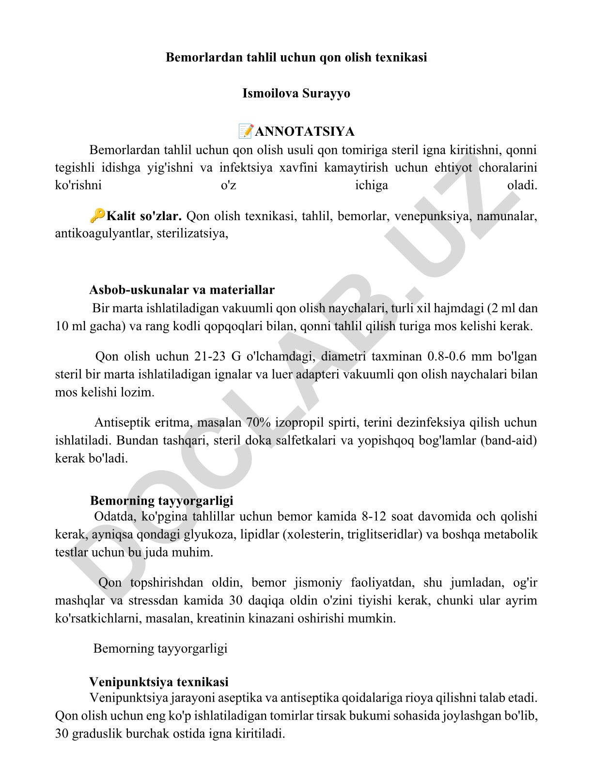 Bemorlardan tahlil uchun qon olish texnikasi