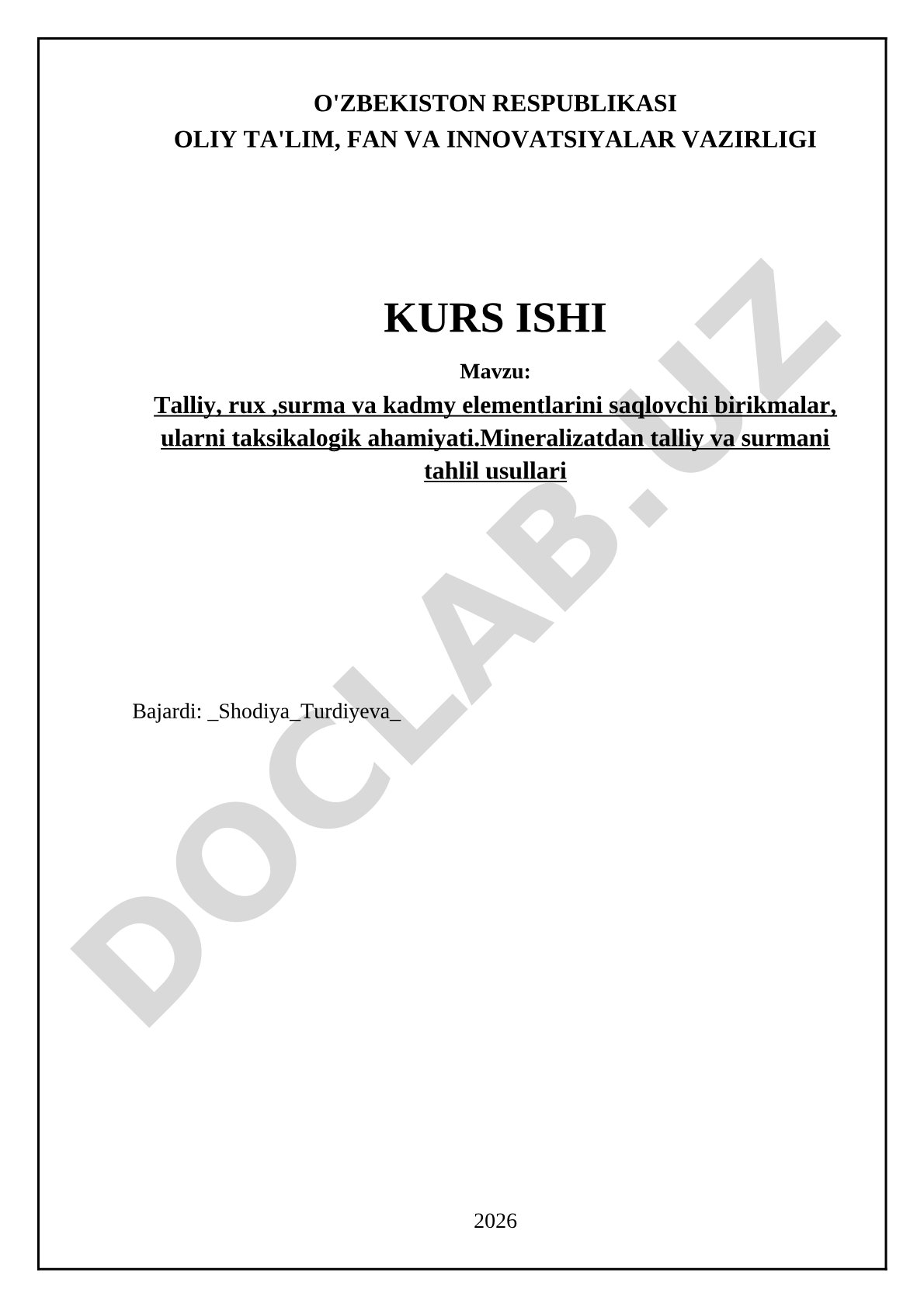 Talliy, rux, surma va kadmiy elementlarini saqlovchi birikmalar, ularning toksikologik ahamiyati