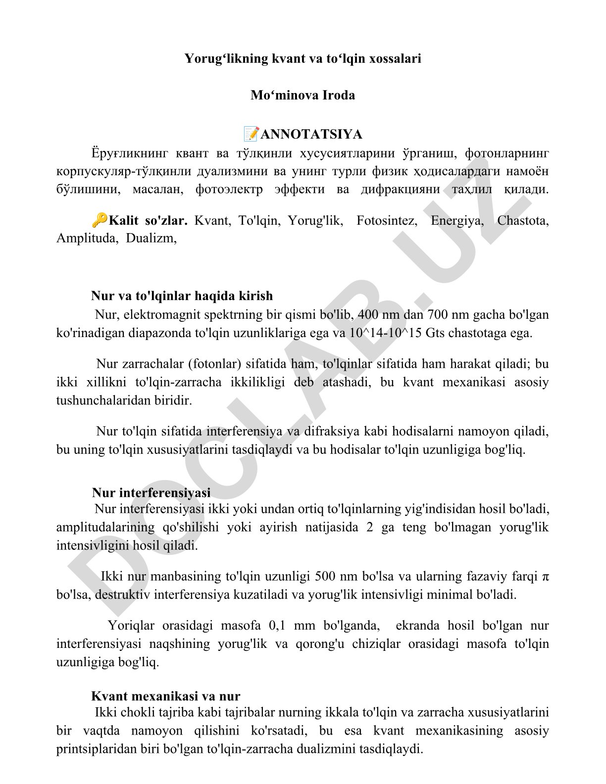 Yorugʻlikning kvant va toʻlqin xossalari