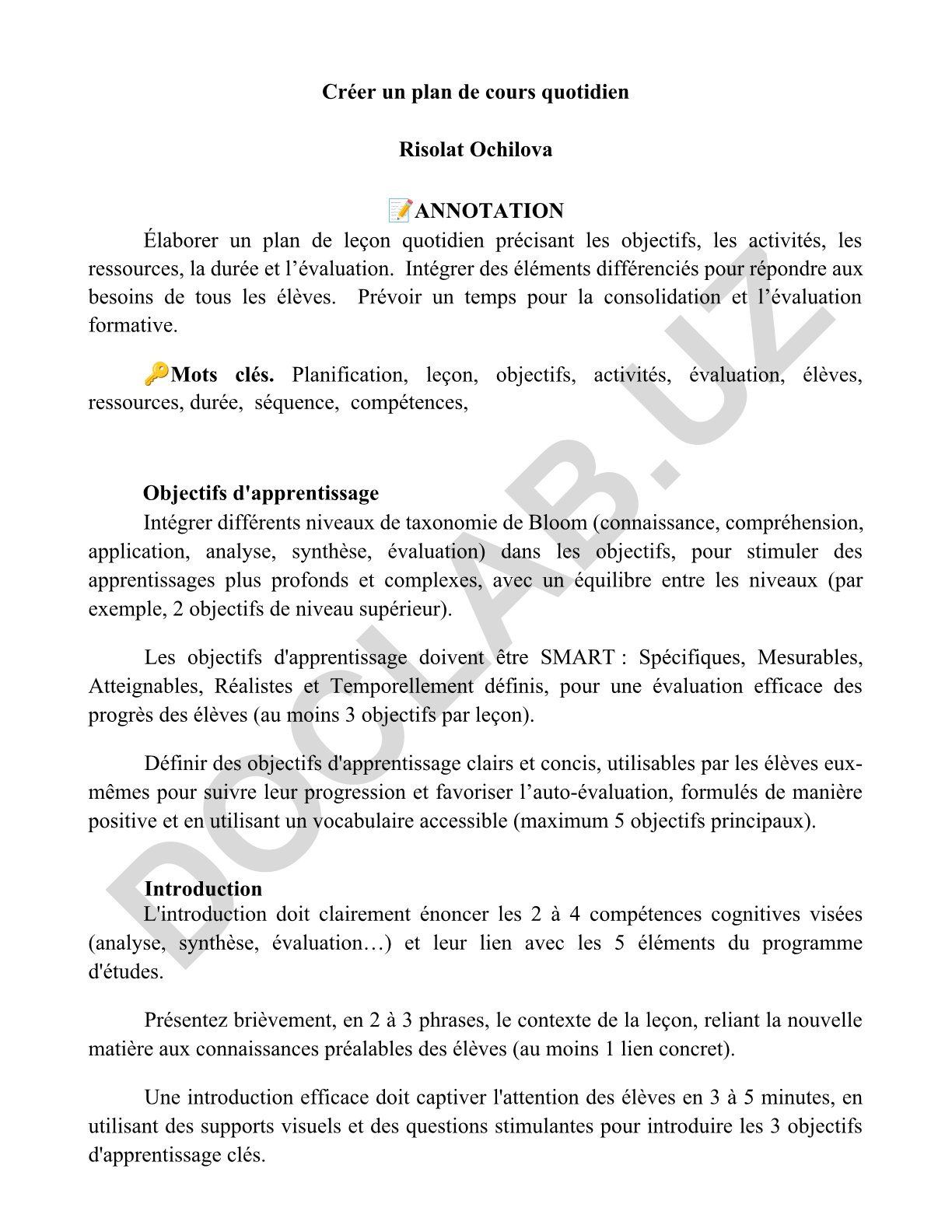 Créer un plan de cours quotidien