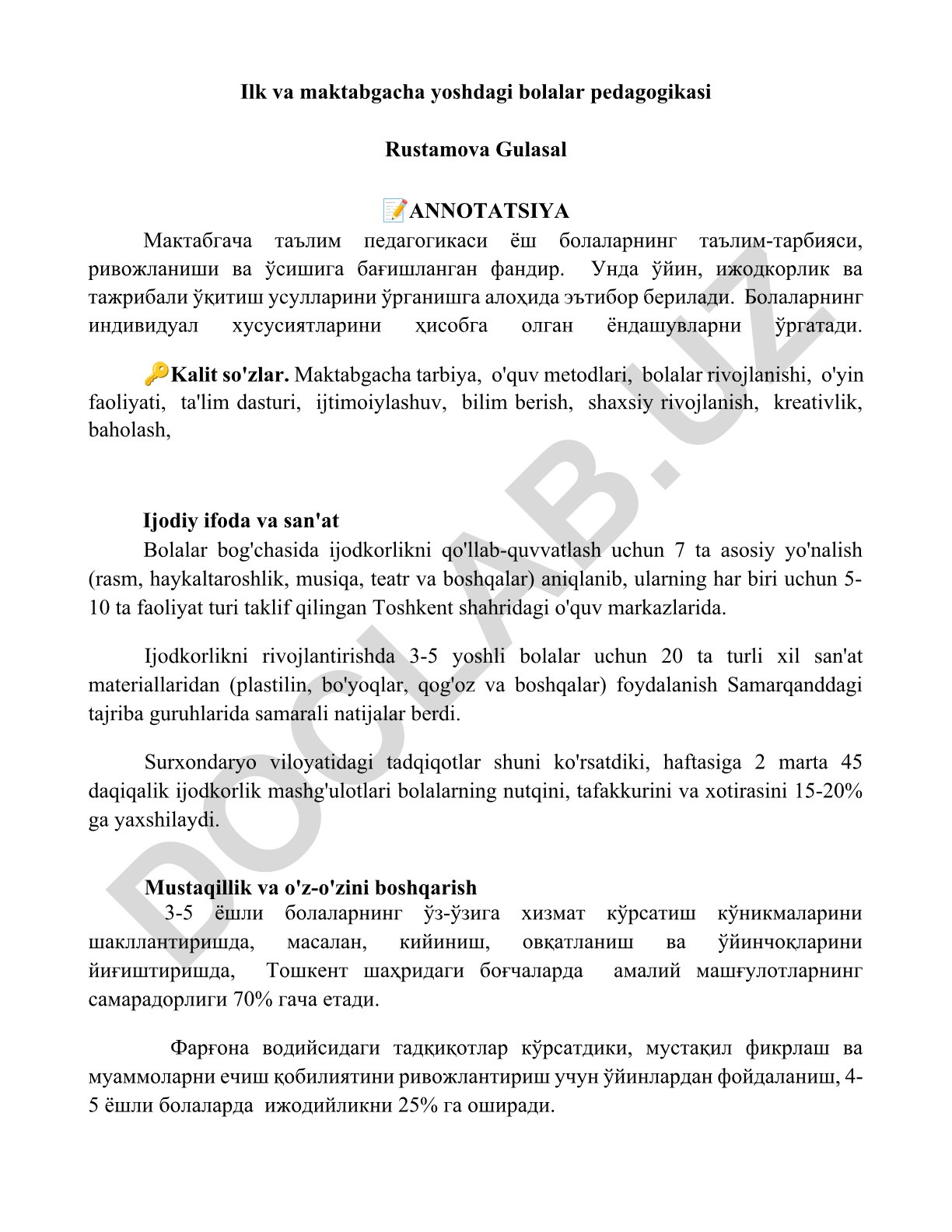Maktabgacha yoshdagi bolalar pedagogikasi va ijodkorlikni rivojlantirish