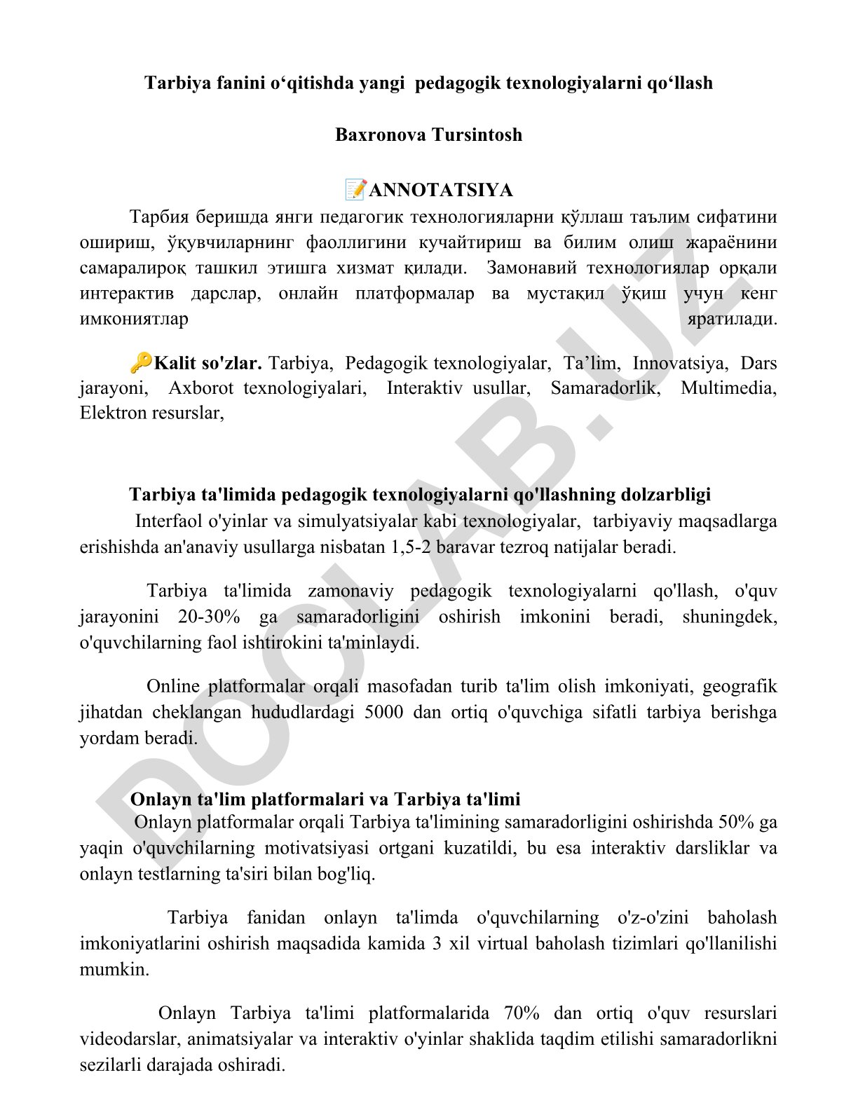 Tarbiya fanini o‘qitishda yangi pedagogik texnologiyalarni qo‘llash