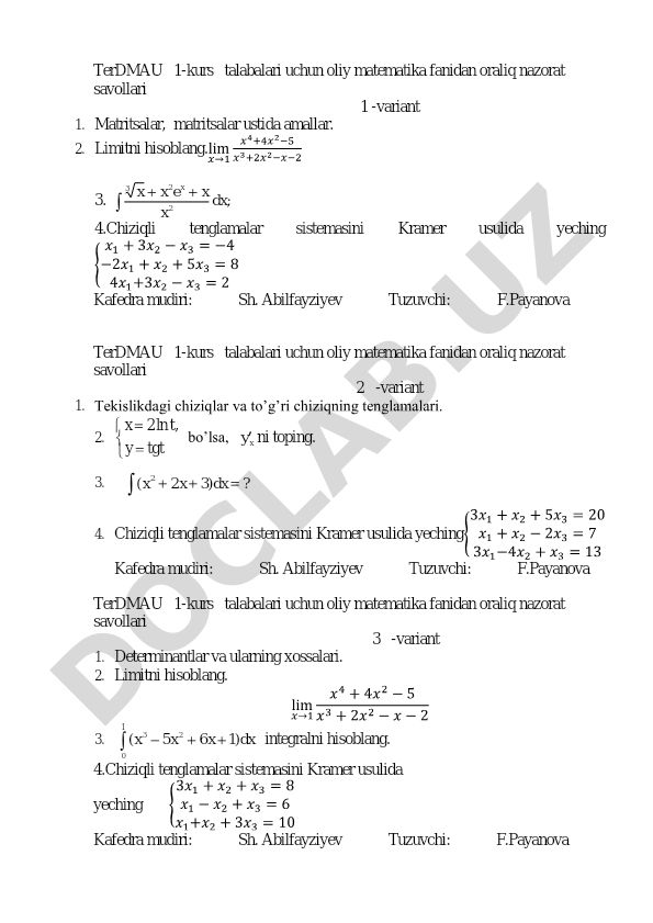 Oliy matematika fanidan oraliq nazorat savollari