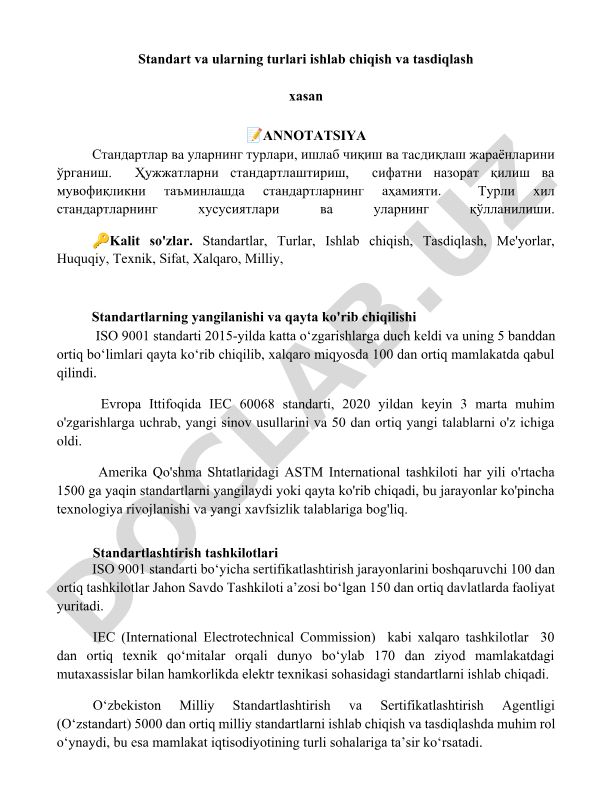 Standartlar va ularning turlari, ishlab chiqish va tasdiqlash jarayonlari