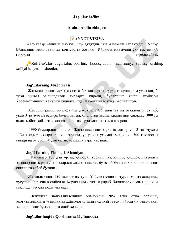 Jag'lilar bo'limi va uning ekologik ahamiyati