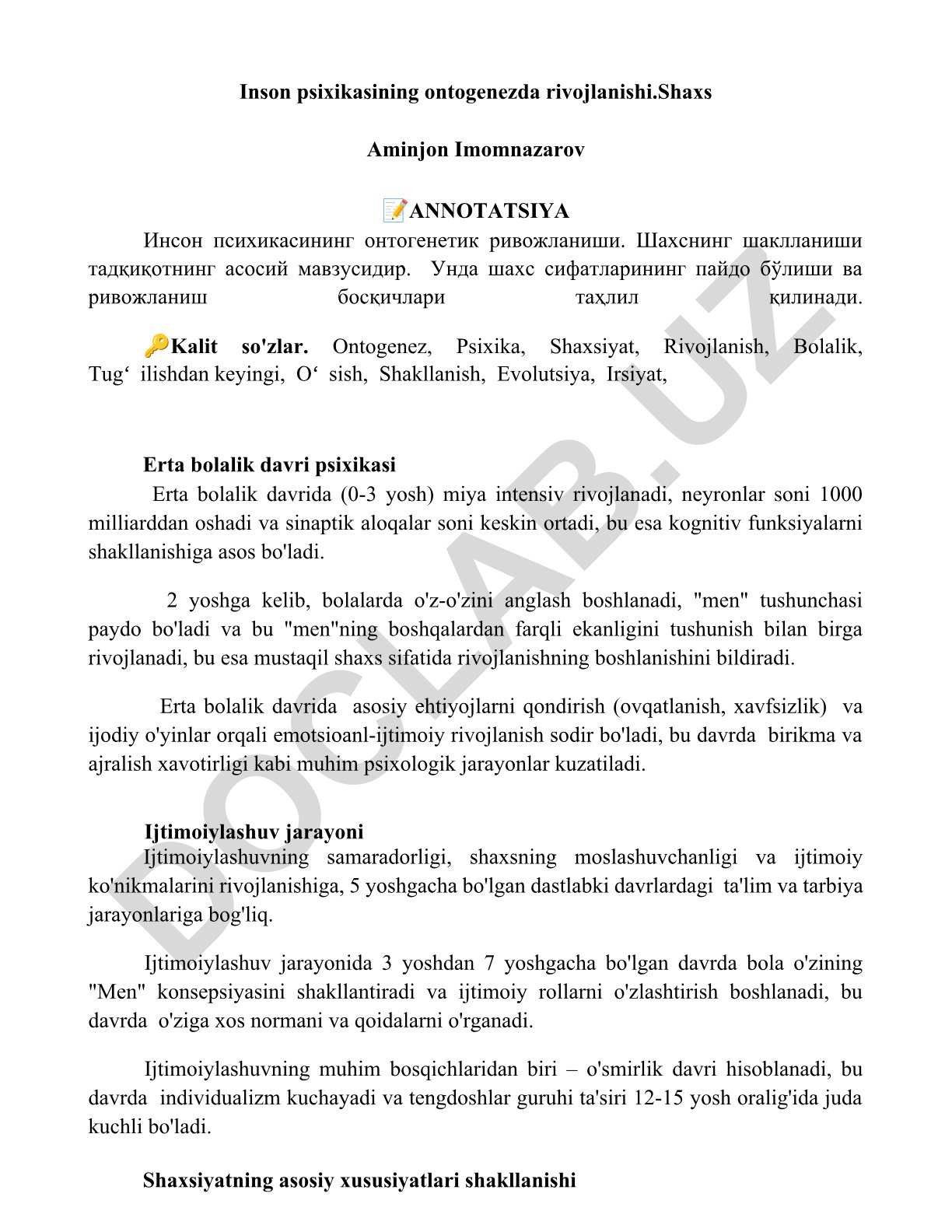 Inson psixikasining ontogenezda rivojlanishi