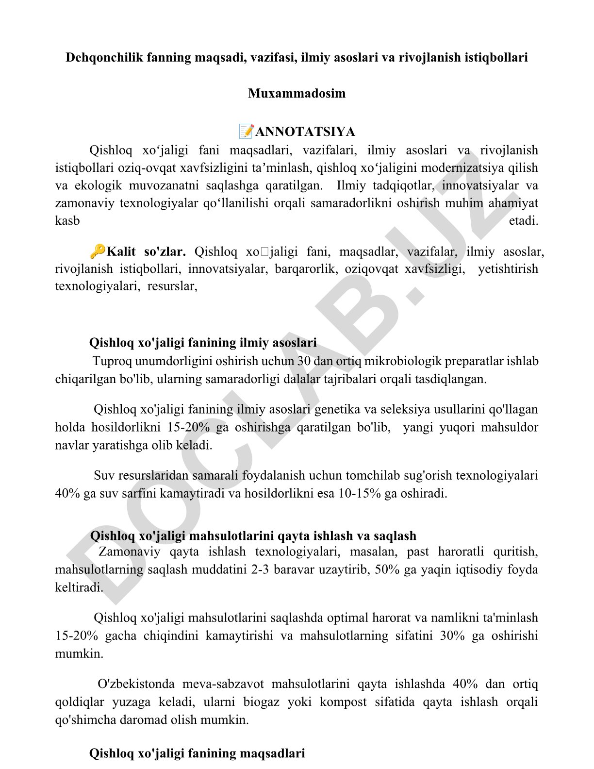 Qishloq xoʻjaligi fanining maqsadlari, vazifalari va rivojlanish istiqbollari
