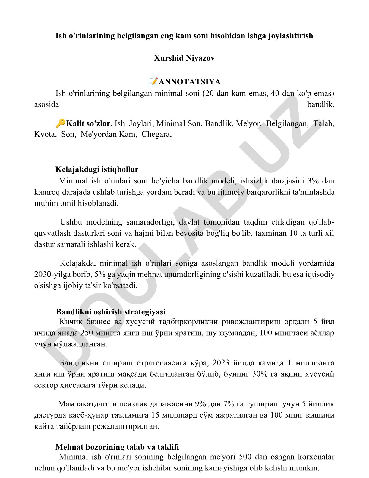 Ish o'rinlarining belgilangan eng kam soni hisobidan ishga joylashtirish