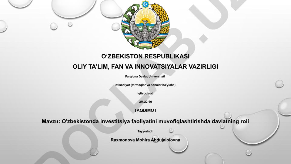 O'zbekistonda investitsiya faoliyatini muvofiqlashtirishda davlatning roli
