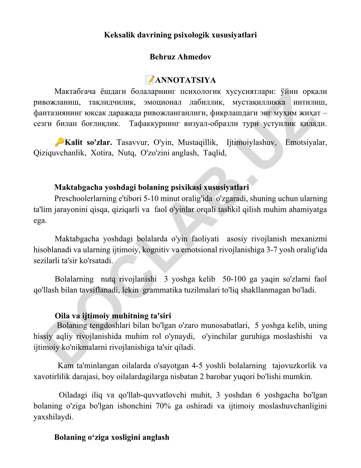 Maktabgacha yoshdagi bolalarning psixologik xususiyatlari