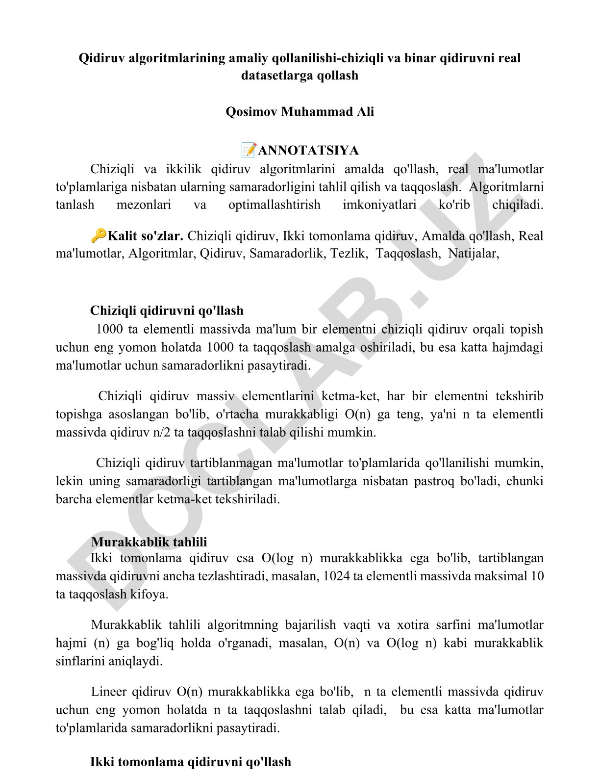 Chiziqli va ikkilik qidiruv algoritmlarining amalda qo'llanilishi