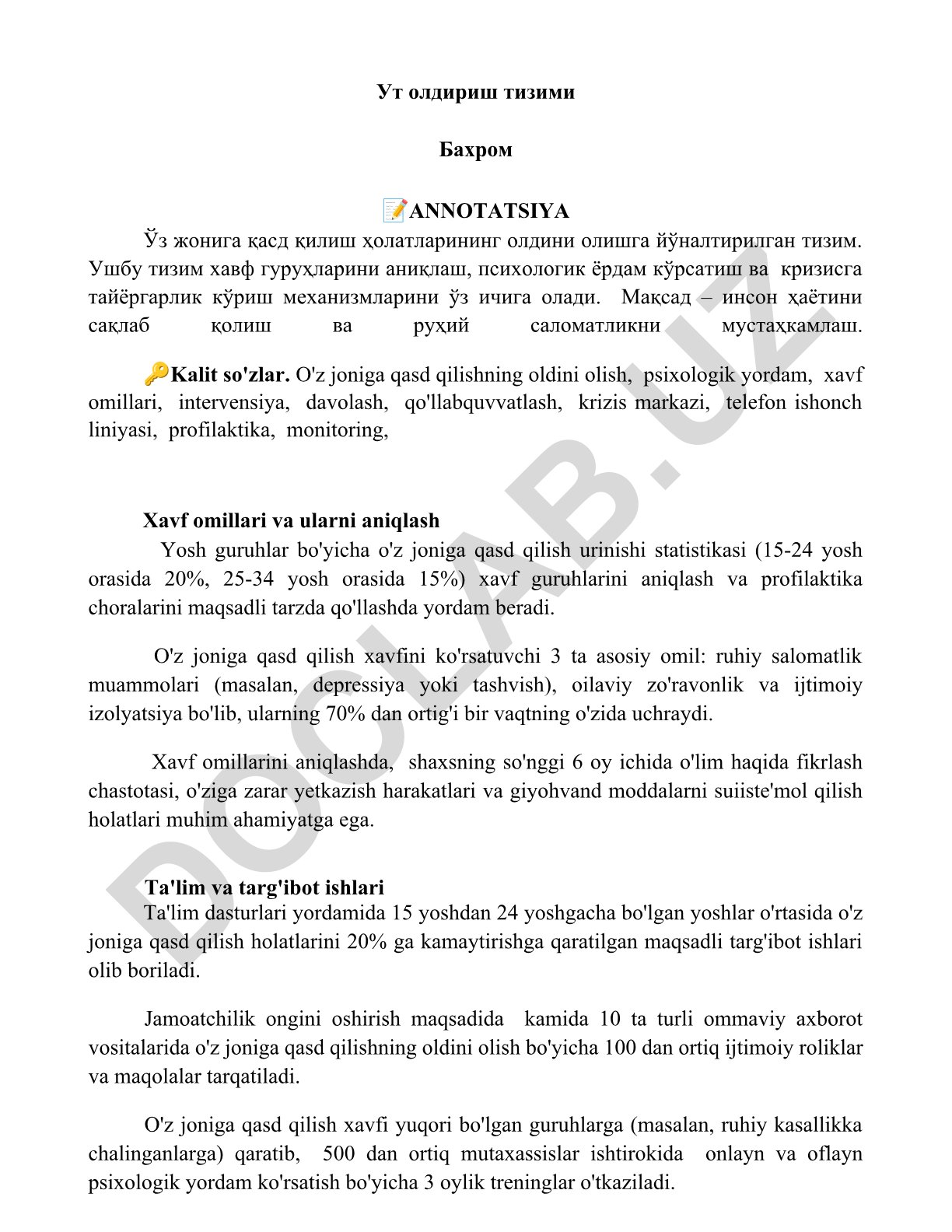 O'z joniga qasd qilishning oldini olish tizimi