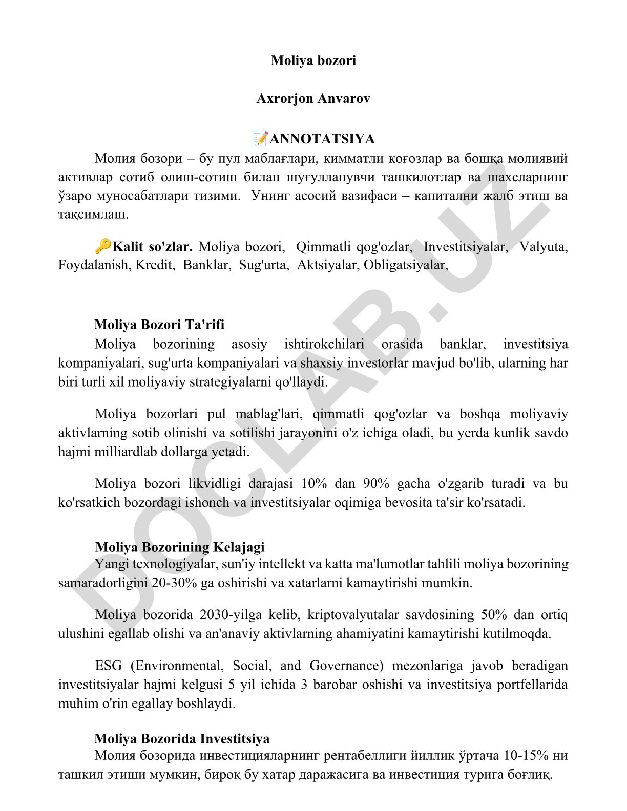 Moliya bozori va uning asosiy ishtirokchilari