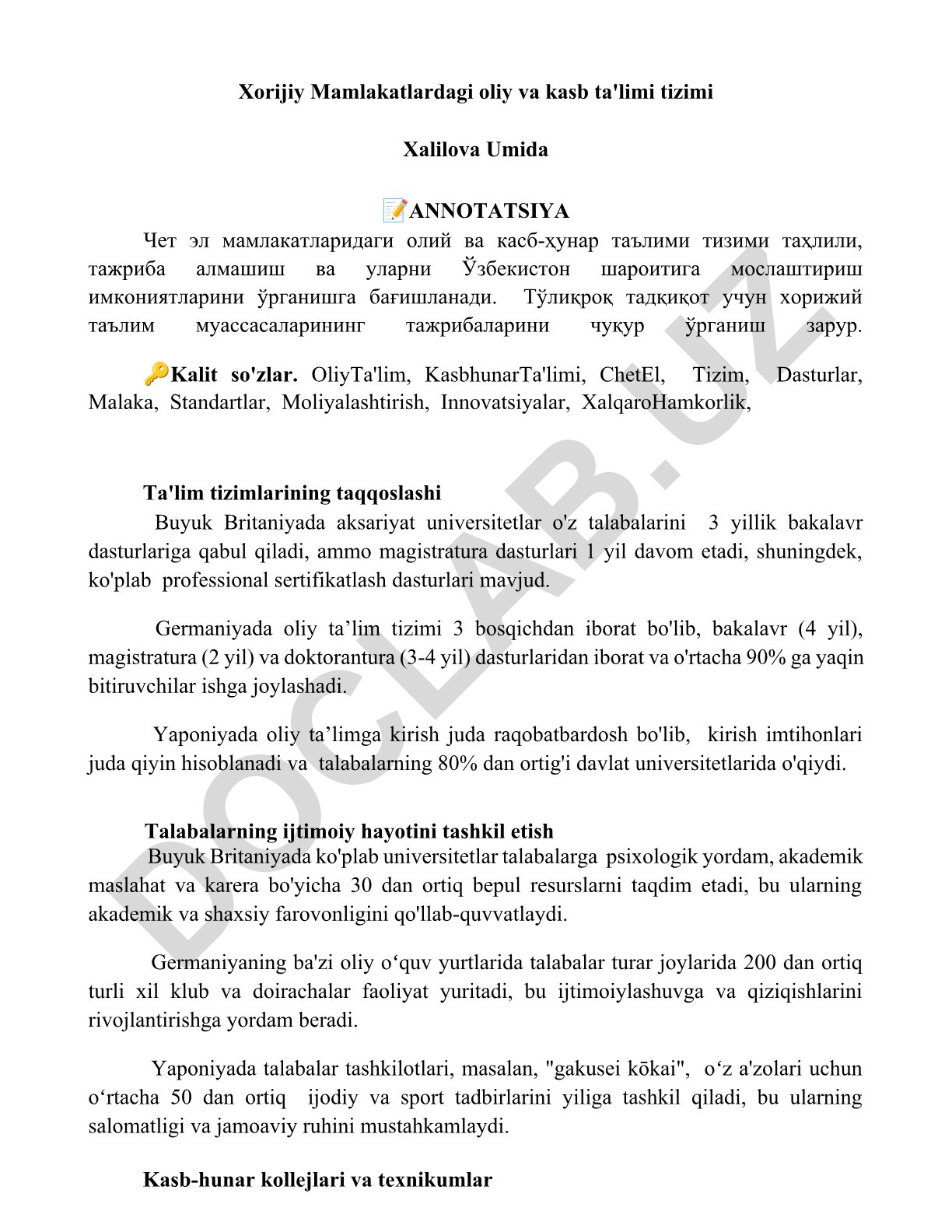 Xorijiy mamlakatlardagi oliy va kasb ta'limi tizimlari