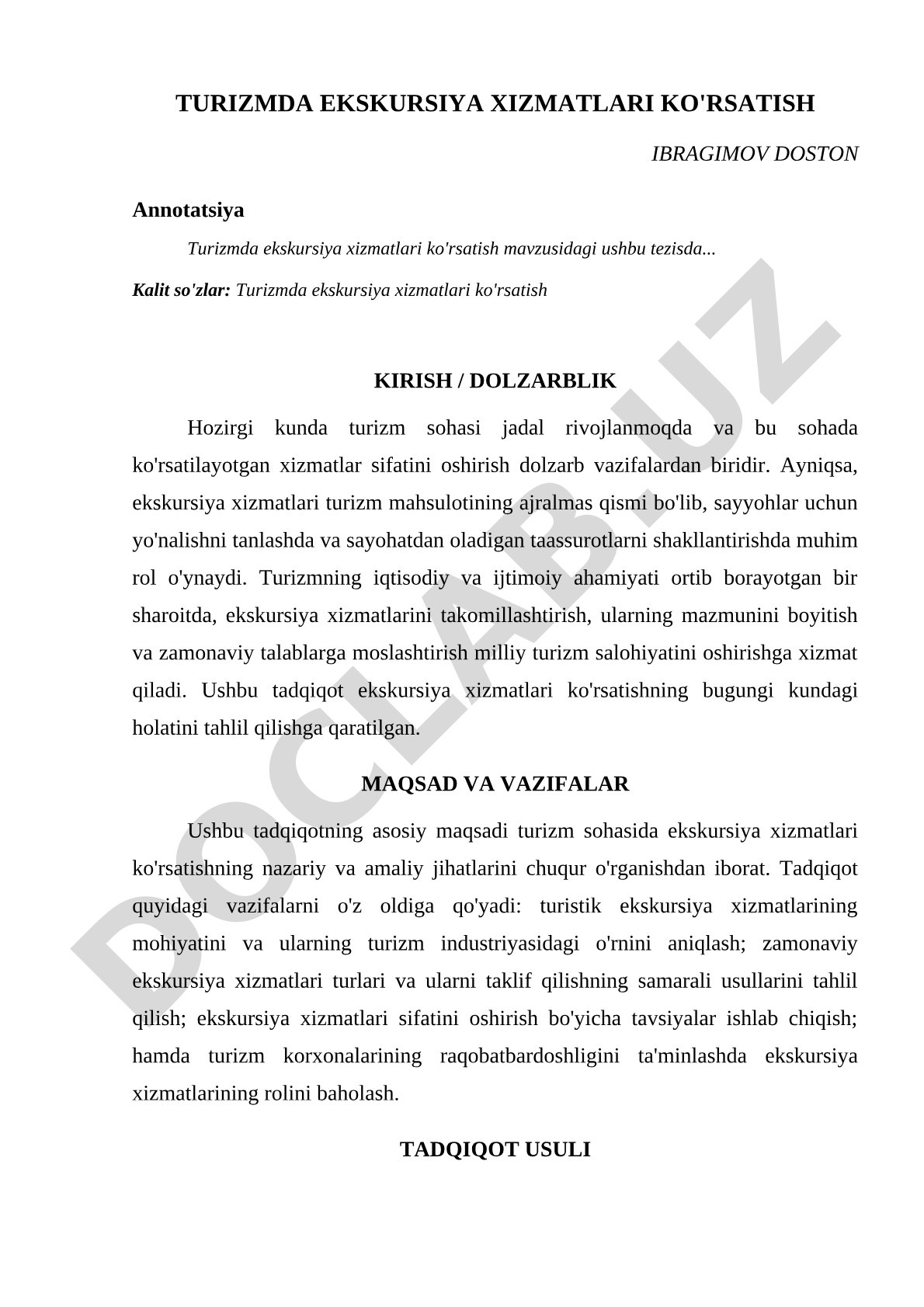 Turizmda ekskursiya xizmatlari ko'rsatish