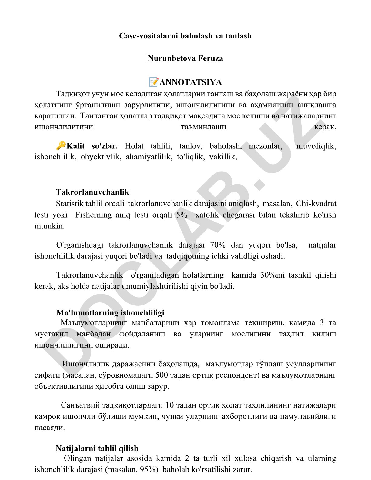 Holat tahlili, tanlov va baholash mezonlari