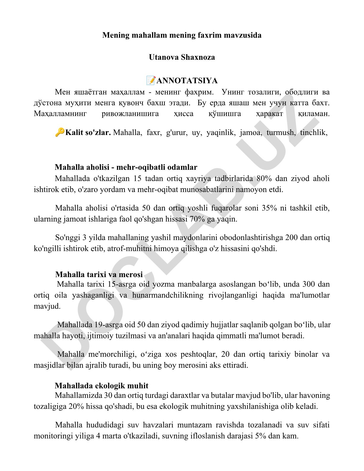 Mahallamning tarixi, merosi va hozirgi hayoti