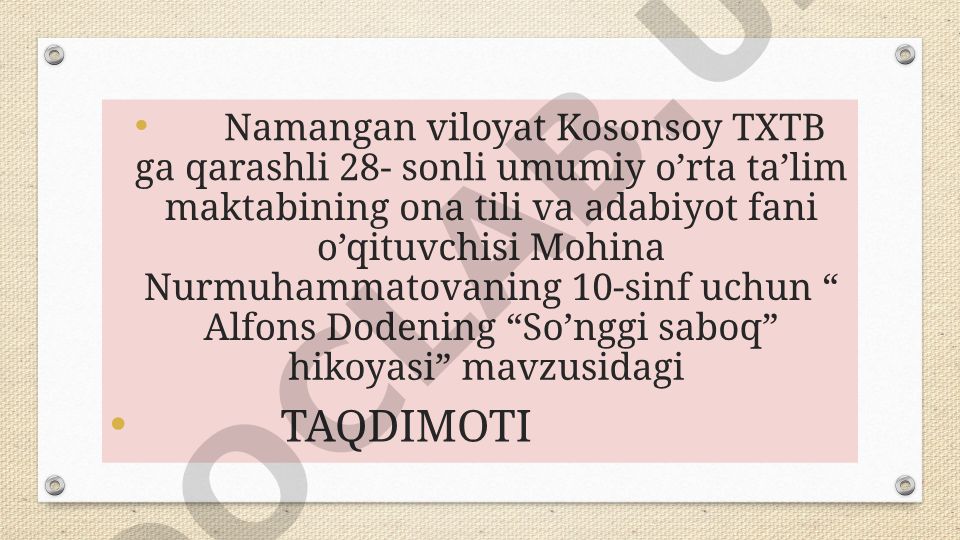 Alfons Dodening “So’nggi saboq” hikoyasi