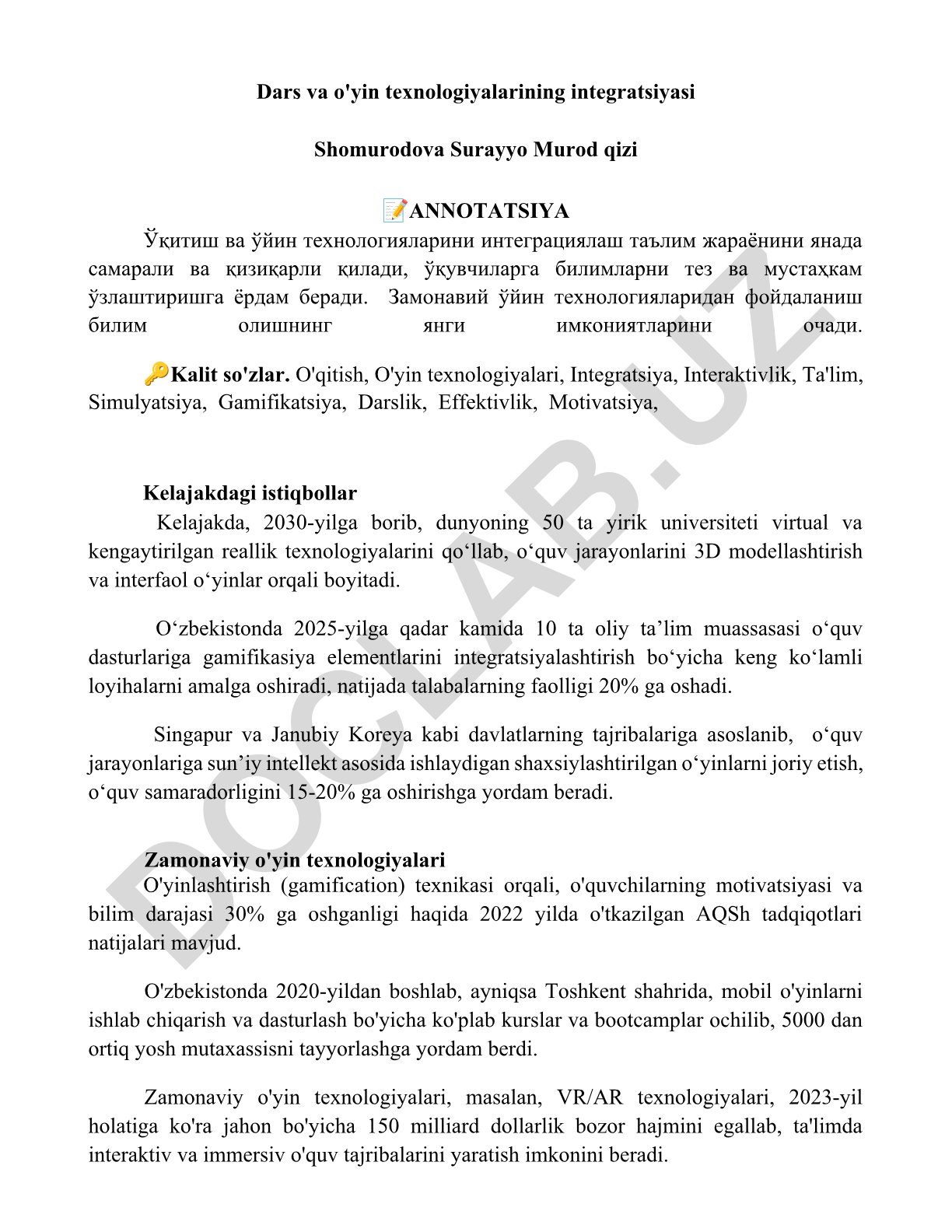 Dars va o'yin texnologiyalarining integratsiyasi