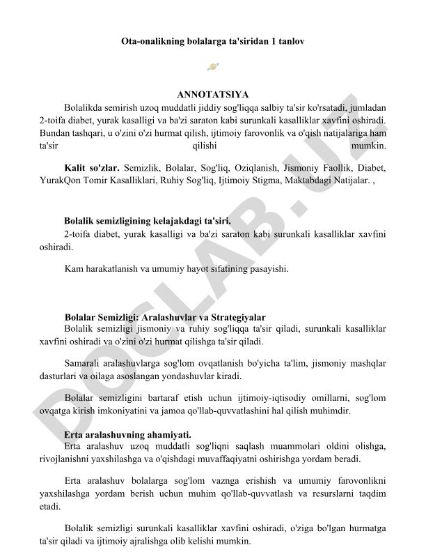 Bolalik semizligining sog'liqqa ta'siri va aralashuv strategiyalari