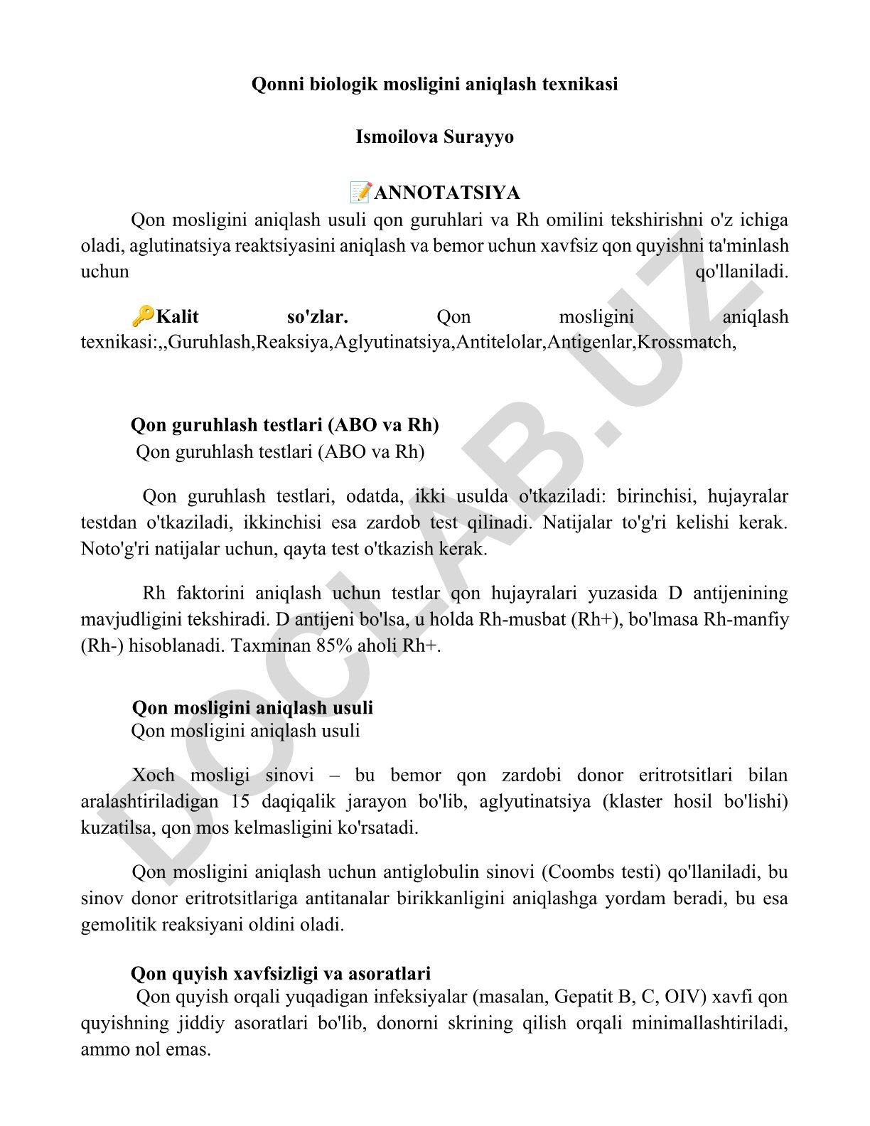 Qonni biologik mosligini aniqlash texnikasi