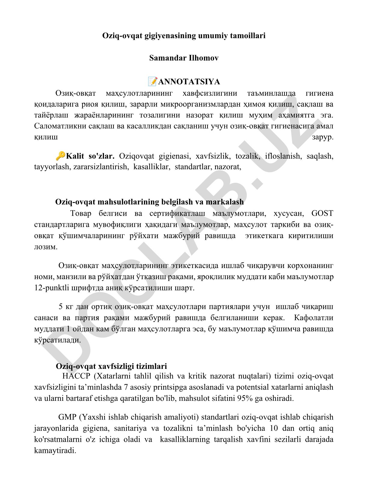 Oziq-ovqat gigiyenasining umumiy tamoillari