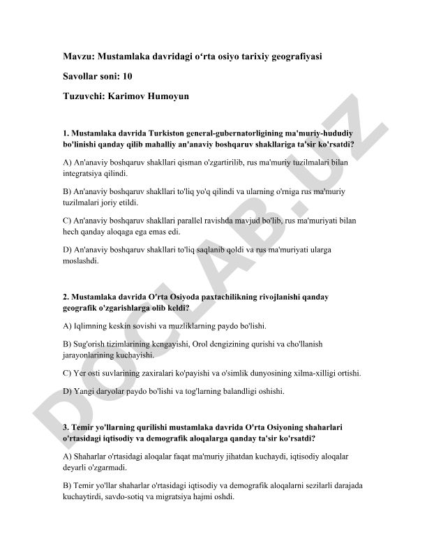 Mustamlaka davridagi oʻrta osiyo tarixiy geografiyasi