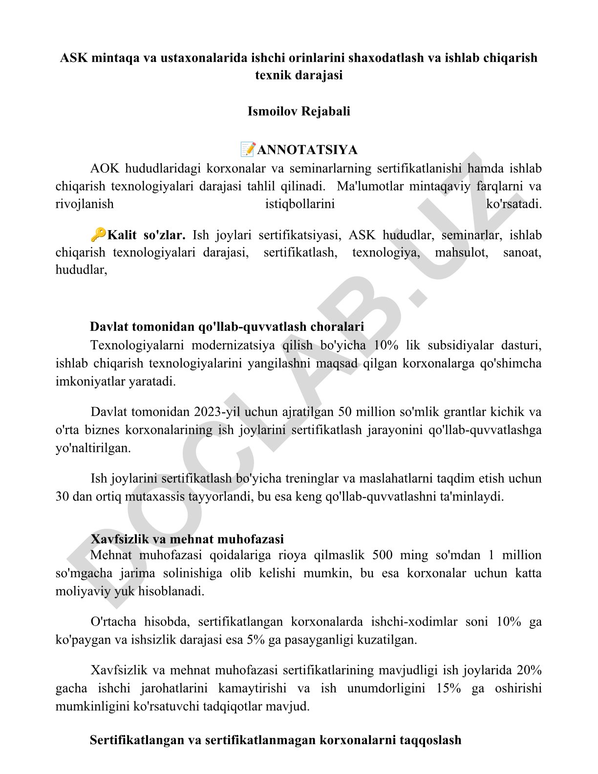 ASK mintaqa va ustaxonalarida ishchi orinlarini shaxodatlash va ishlab chiqarish texnik darajasi
