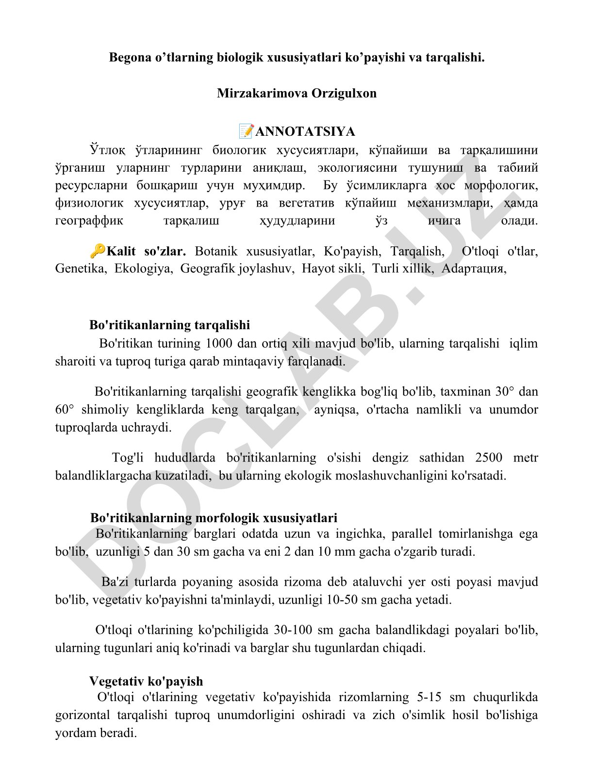 Begona o’tlarning biologik xususiyatlari, ko’payishi va tarqalishi