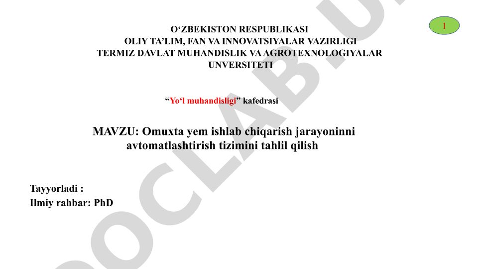 Omuxta yem ishlab chiqarish jarayoninni avtomatlashtirish tizimini tahlil qilish