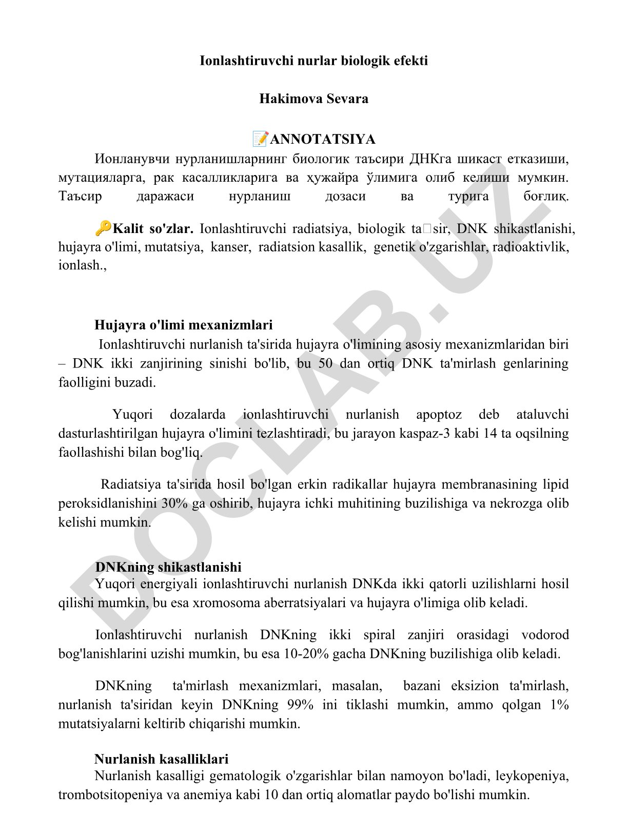 Ionlashtiruvchi nurlar biologik ta'siri