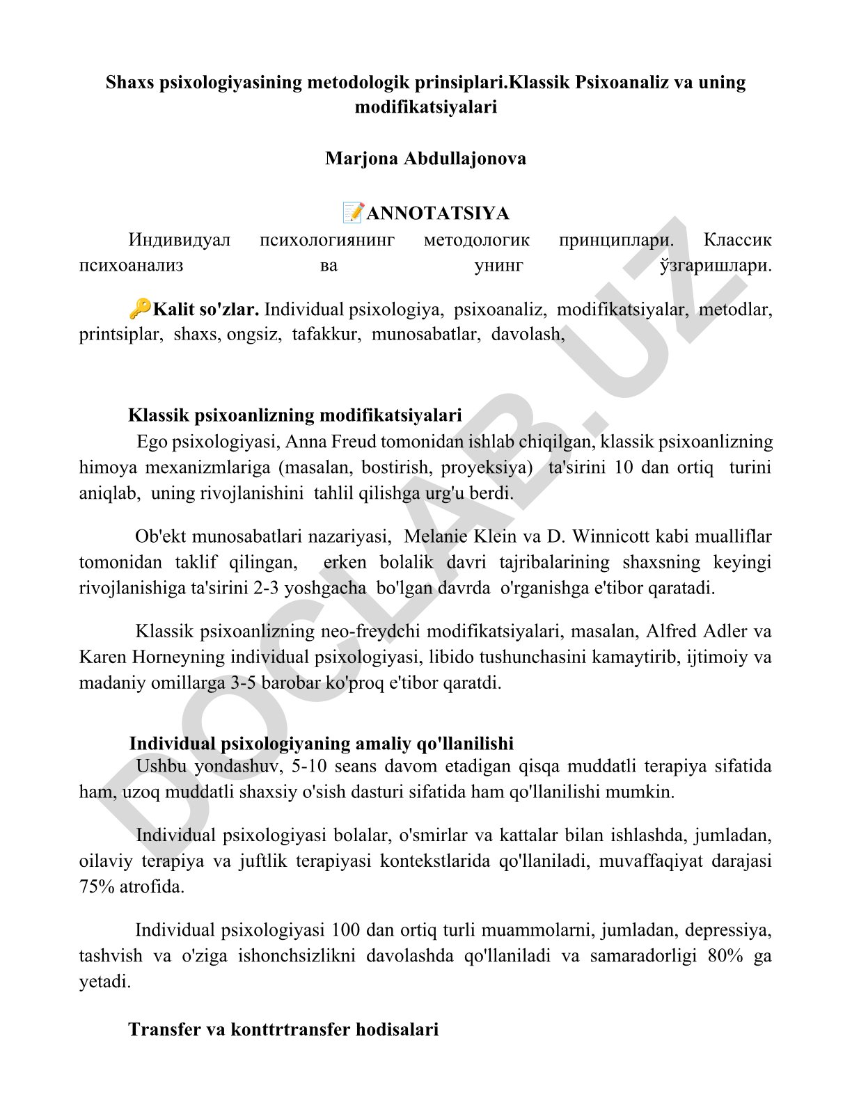 Shaxs psixologiyasining metodologik prinsiplari va klassik psixoanaliz modifikatsiyalari