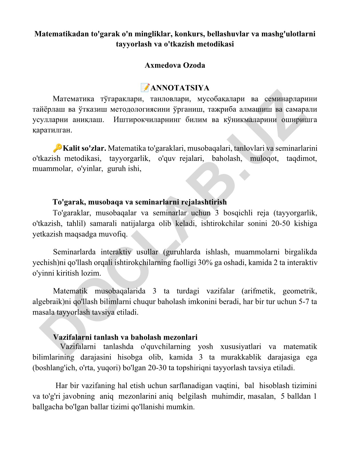 Matematika to'garaklari, tanlovlari, musobaqalari va seminarlarini tayyorlash va o'tkazish metodikasi