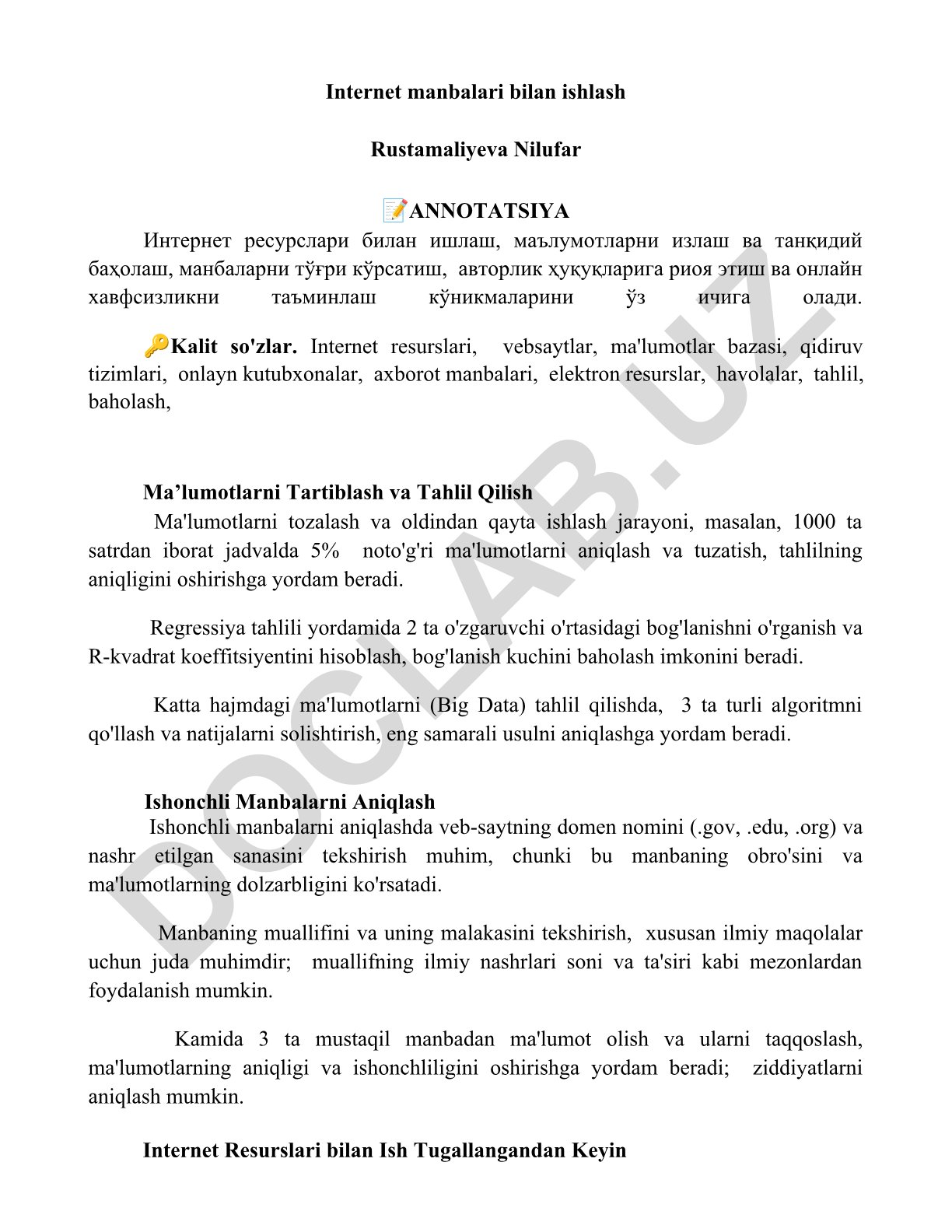 Internet manbalari bilan ishlash va ma'lumotlarni tahlil qilish