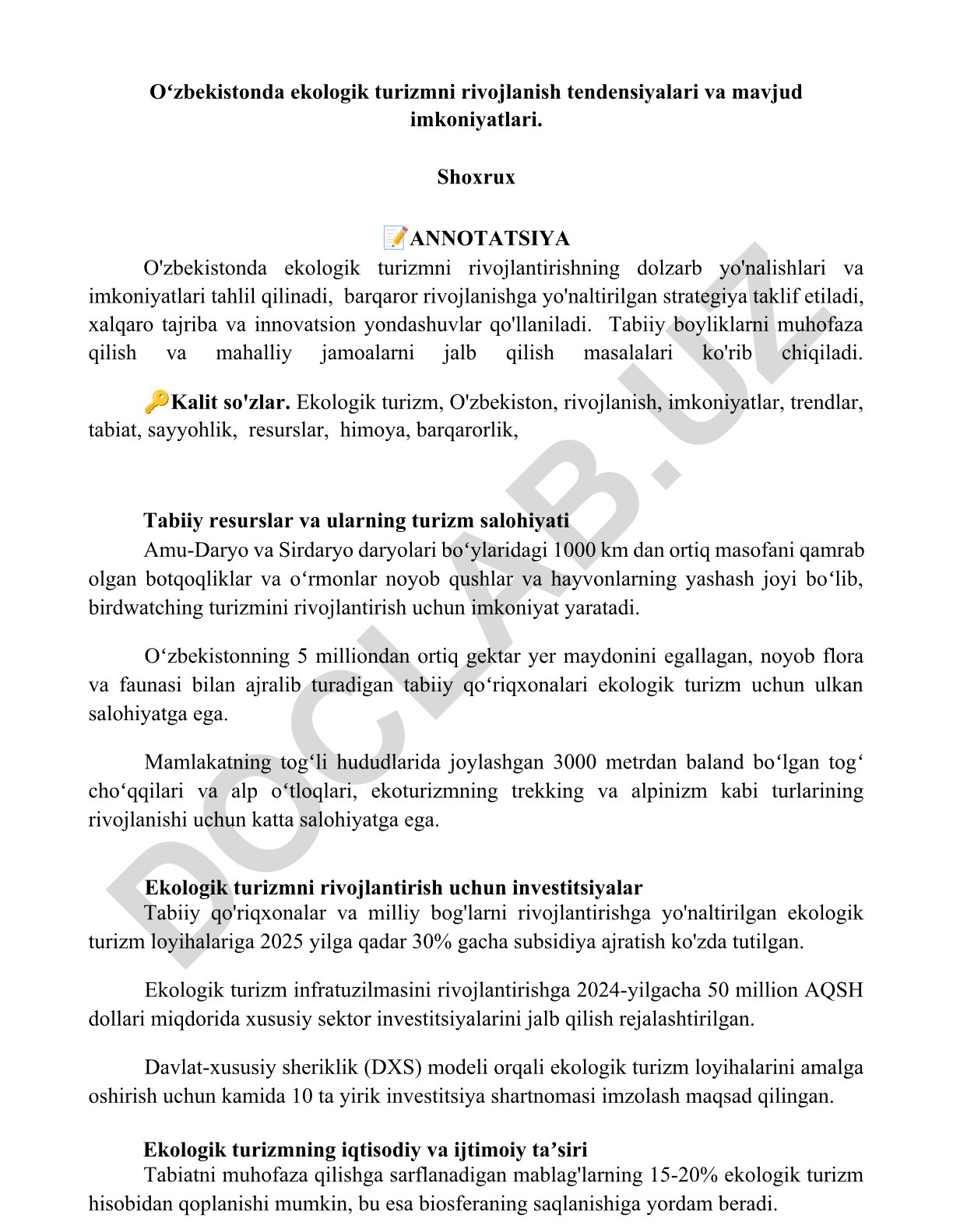 Oʻzbekistonda ekologik turizmni rivojlanish tendensiyalari va mavjud imkoniyatlari